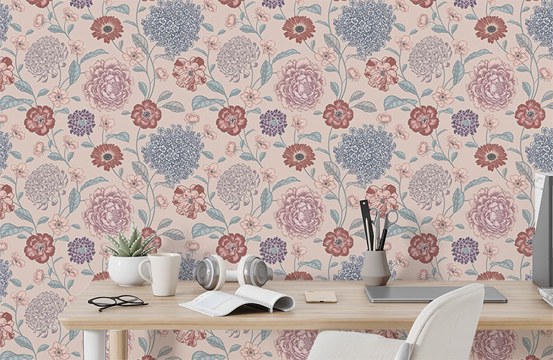 bunch-of-flowers-and-leaves-wallpaper-with-side-table