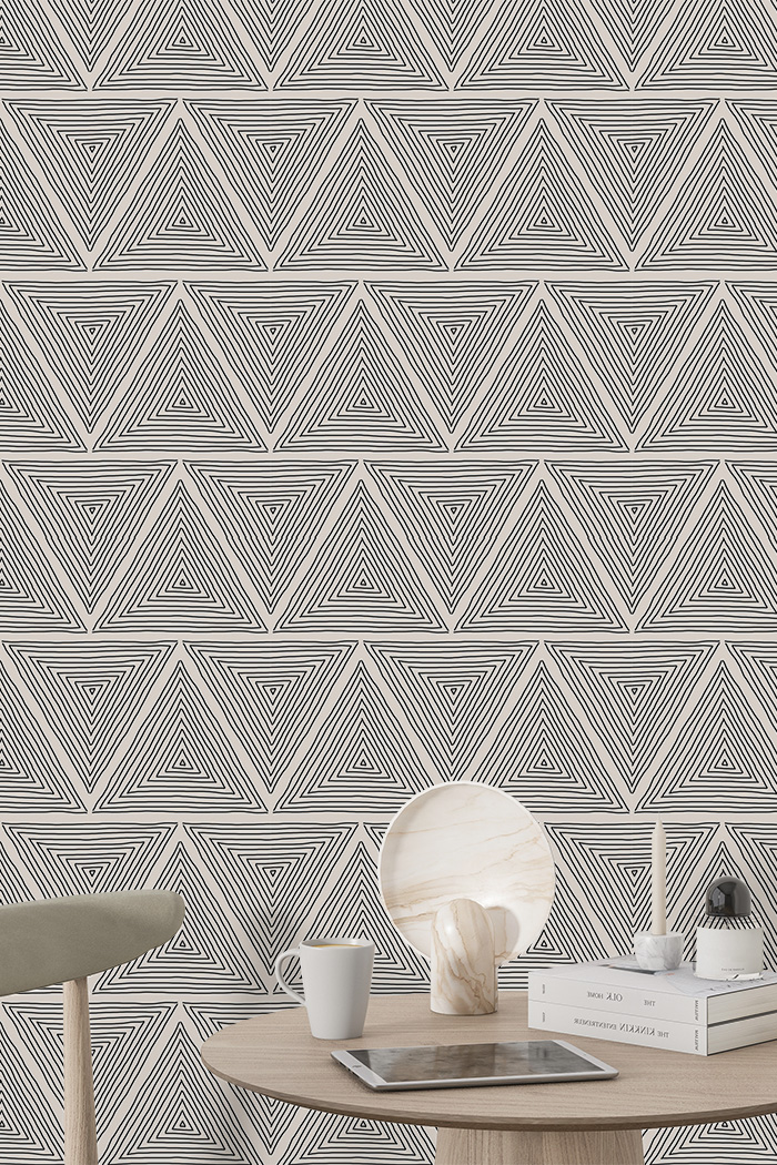 beige-triangles-Seamless design repeat pattern wallpaper-with-side-table