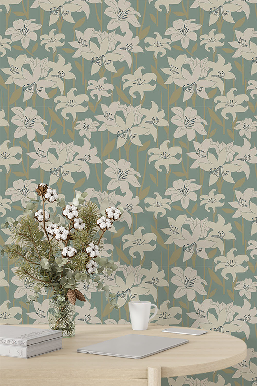 beige-lilly-on-green-background-wallpaper-sample