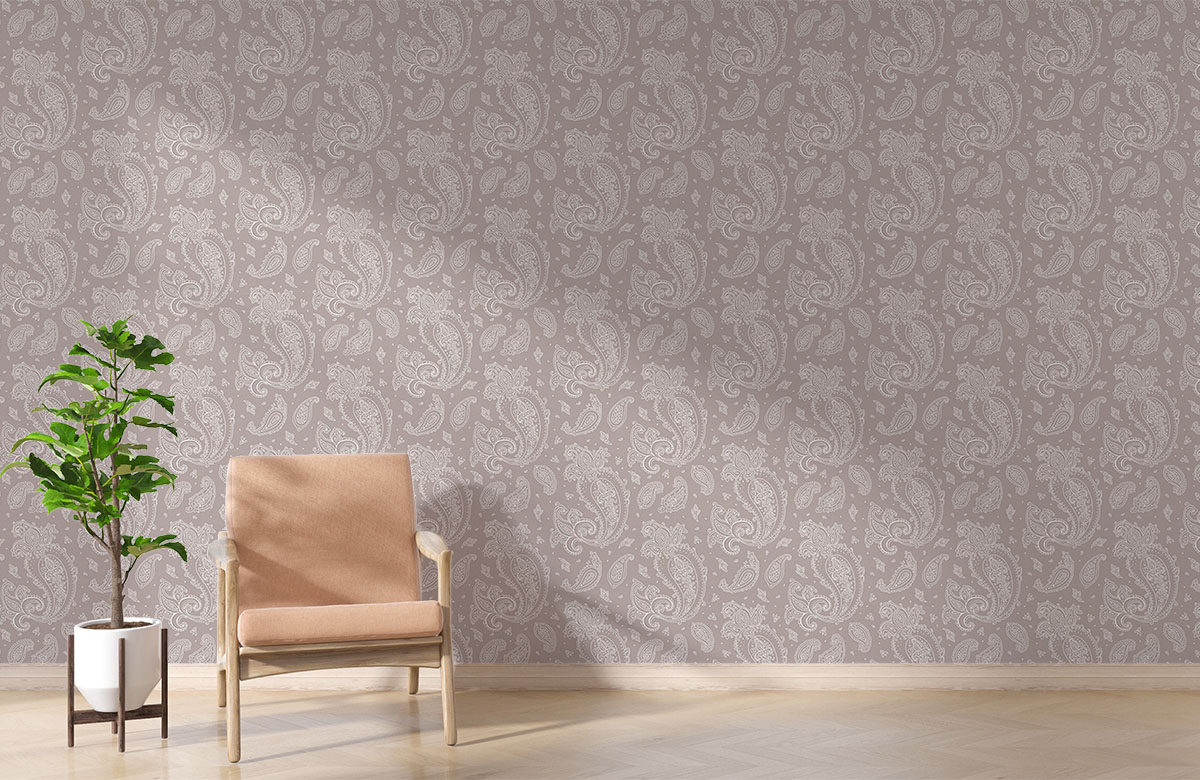 peach-paisley-design-Singular design large mural-with-chair