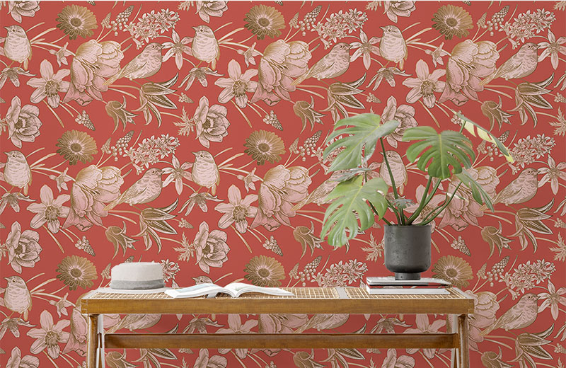 sparrow-and-bunch-of-flowers-wallpaper-with-side-table