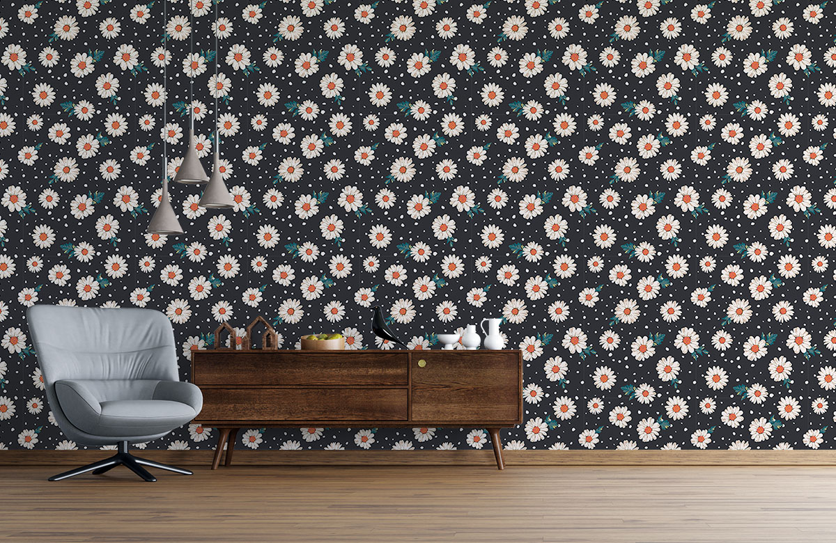 black-daisy-design-Singular design large mural-with-chair