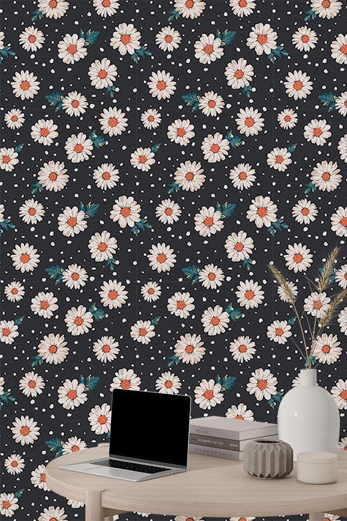 black-daisy-Singular design large mural-with-side-table
