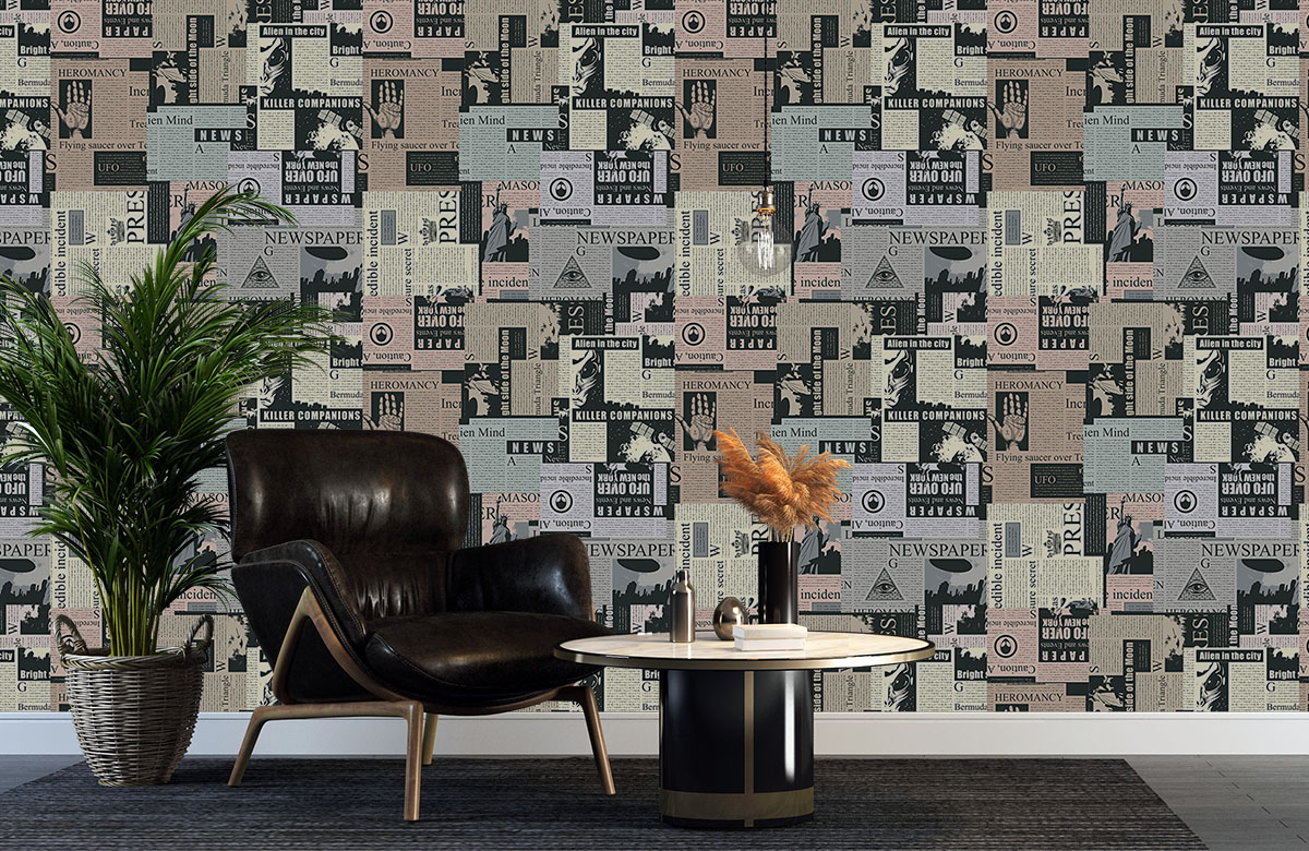 grey-newspaper-design-Seamless design repeat pattern wallpaper-with-chair