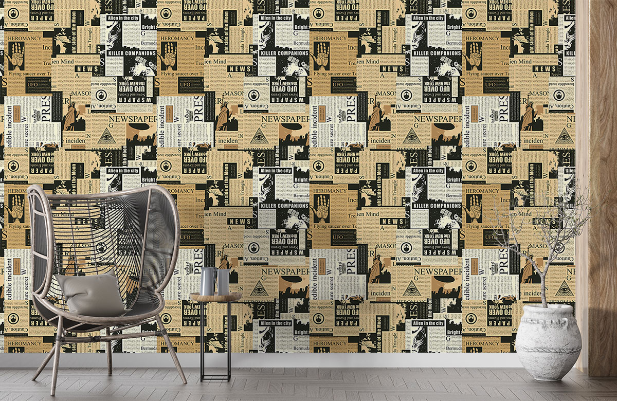 yellow-newspaper-design-Seamless design repeat pattern wallpaper-with-chair