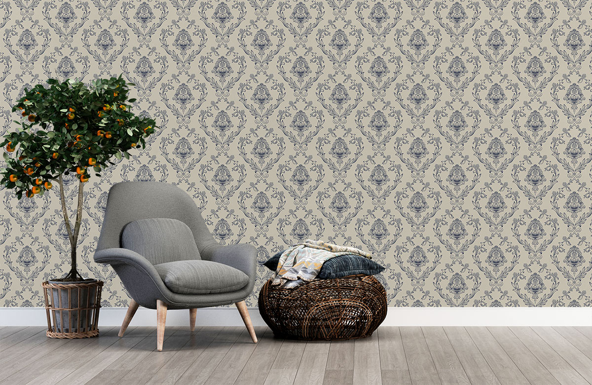 beige-damask-design-Singular design large mural-with-chair