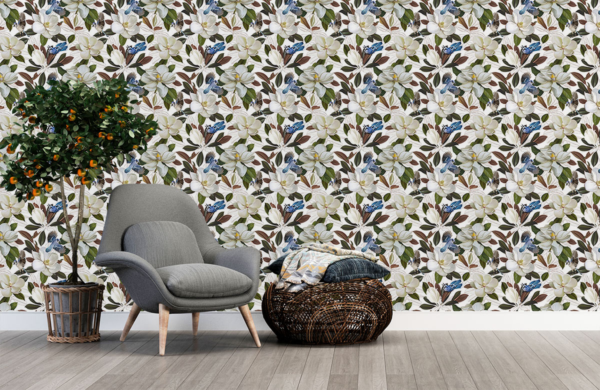 white-orchid-design-Singular design large mural-with-chair