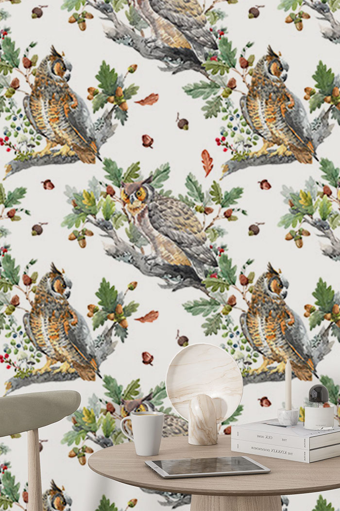 white-birds-Seamless design repeat pattern wallpaper-with-side-table