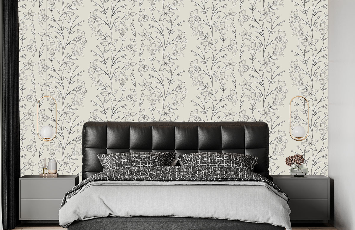 pencil-sketch-lilly-flower-pattern-wallpapers-in-front-of-bed