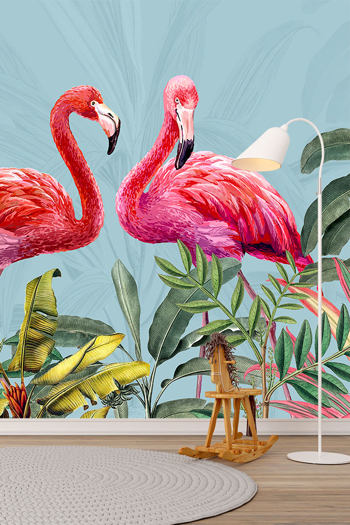 teal-birds-Singular design large mural-with-side-table