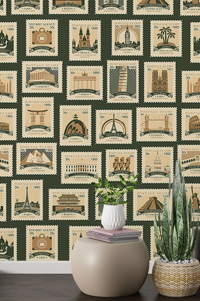 grey-stamps-Seamless design repeat pattern wallpaper-with-side-table