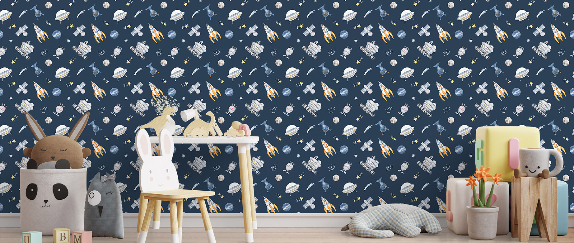 blue-planets-design-Seamless design repeat pattern wallpaper-in-wide-room