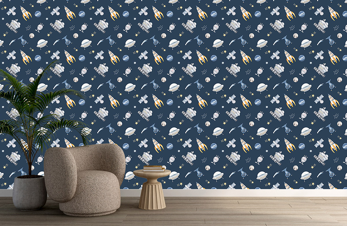 blue-planets-design-Seamless design repeat pattern wallpaper-with-chair