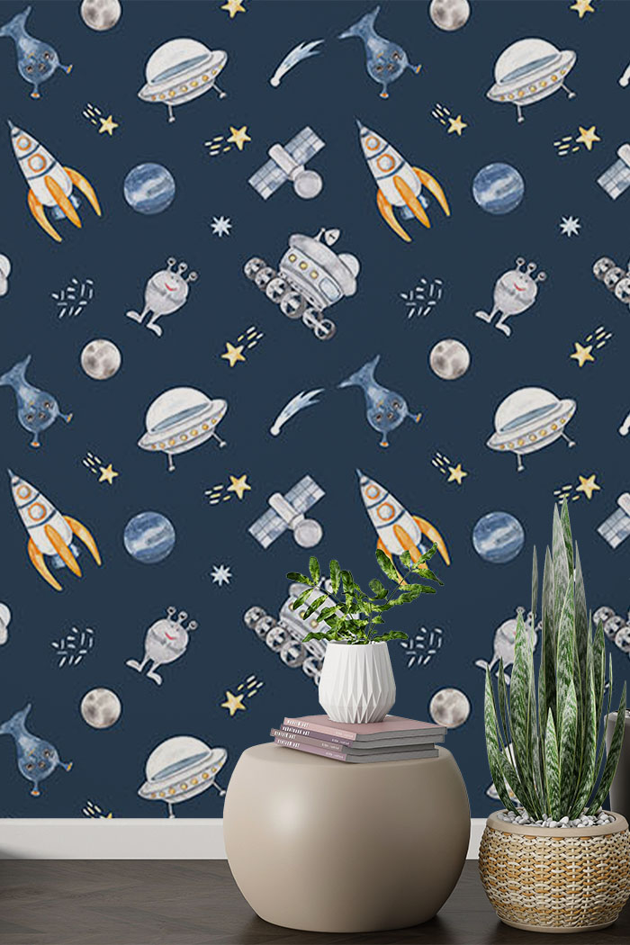 blue-planets-Seamless design repeat pattern wallpaper-with-side-table