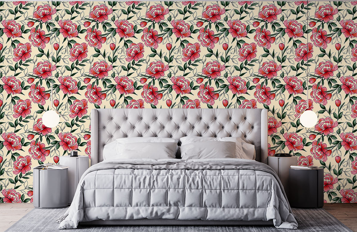 watercolour-red-blooming-floral-design-wallpapers-in-front-of-bed