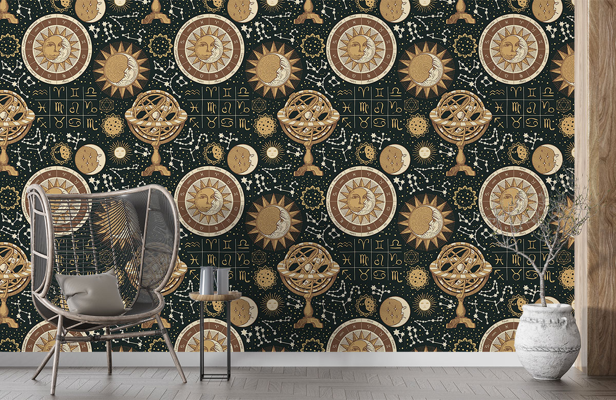black-zodiac-design-Seamless design repeat pattern wallpaper-with-chair