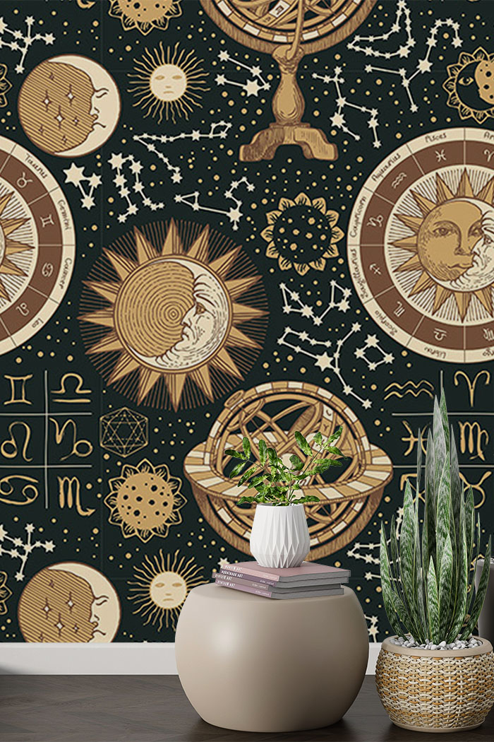 black-zodiac-Seamless design repeat pattern wallpaper-with-side-table