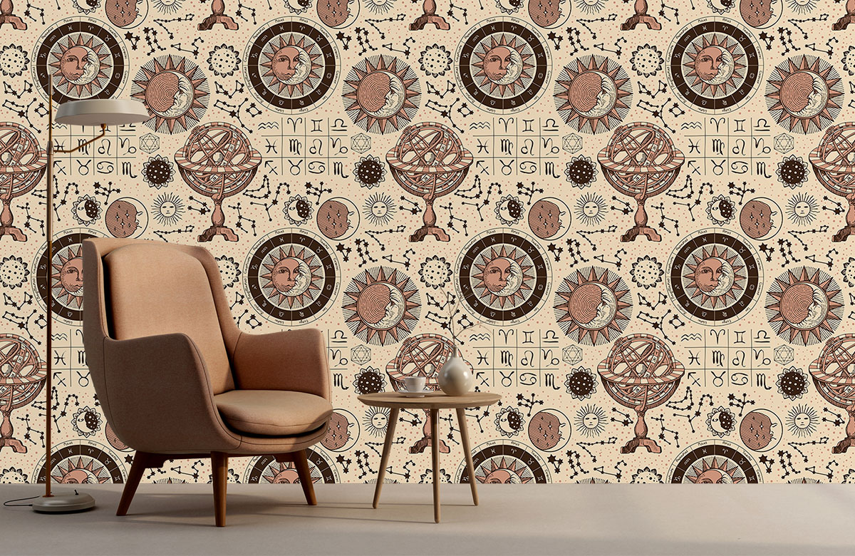 beige-zodiac-design-Seamless design repeat pattern wallpaper-with-chair