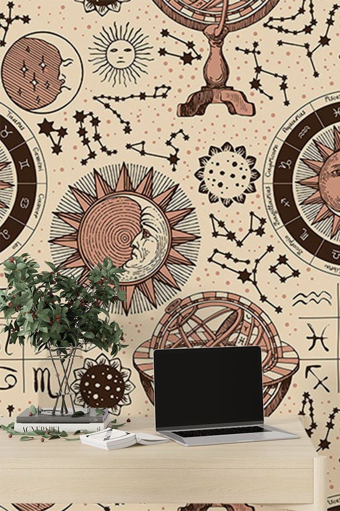 beige-zodiac-Seamless design repeat pattern wallpaper-with-side-table