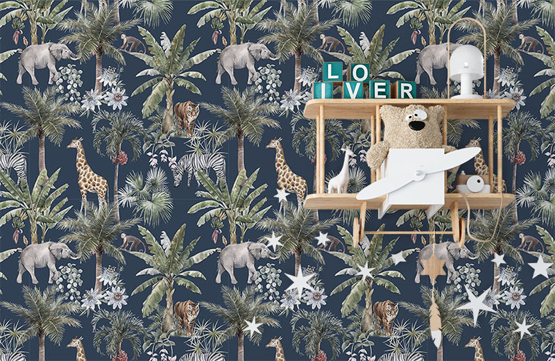 elephant-tiger-giraffe-trees-wallpaper-with-side-table