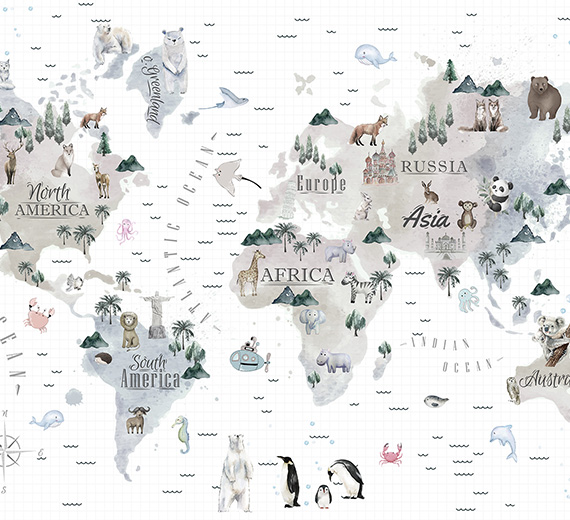 white-world map-design-Singular design large mural-thumb