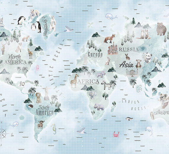 blue-world map-design-Singular design large mural-thumb