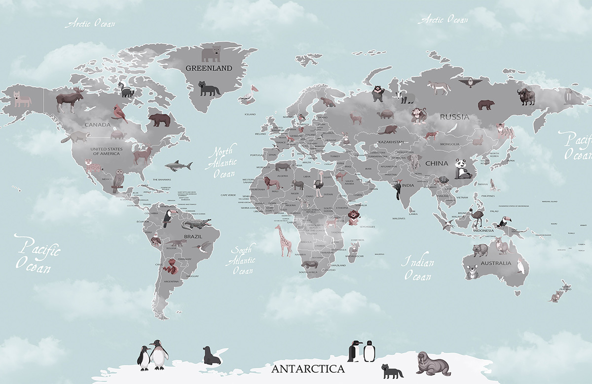 teal-world map-design-Singular design large mural-roll