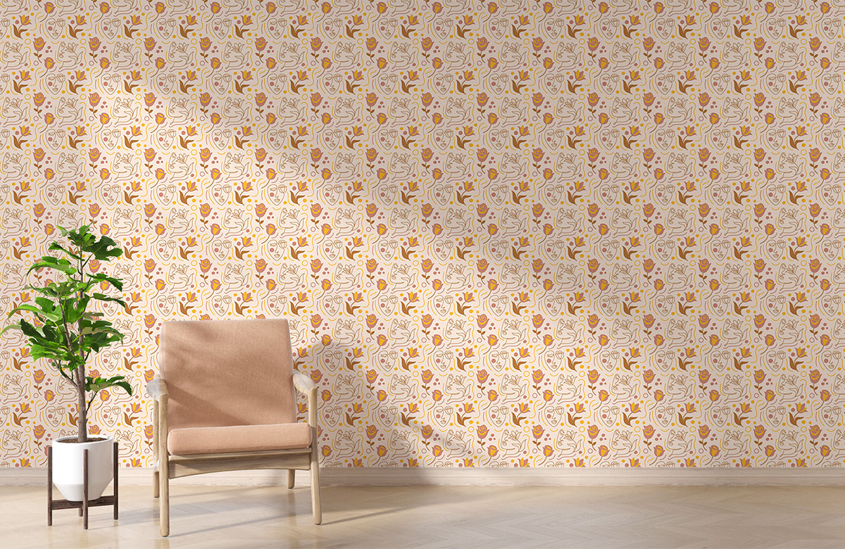 peach-drawing-design-Singular design large mural-with-chair