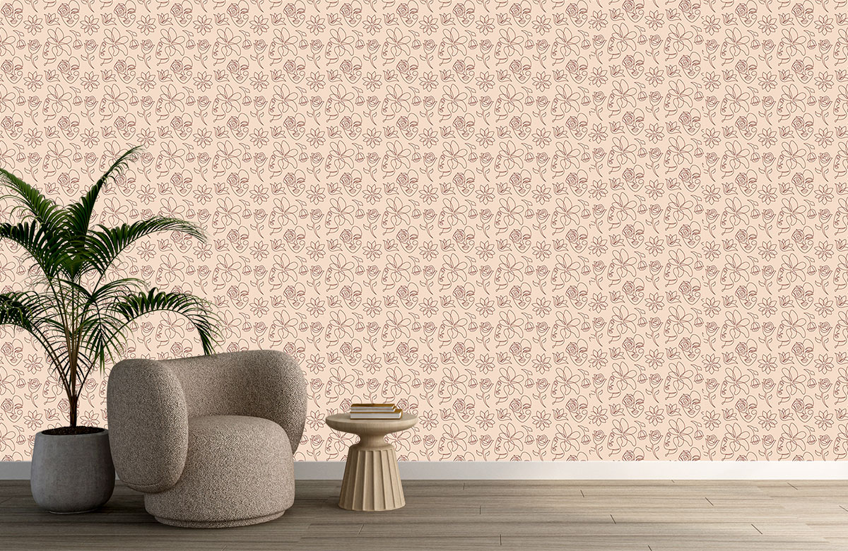 peach-line-design-Singular design large mural-with-chair