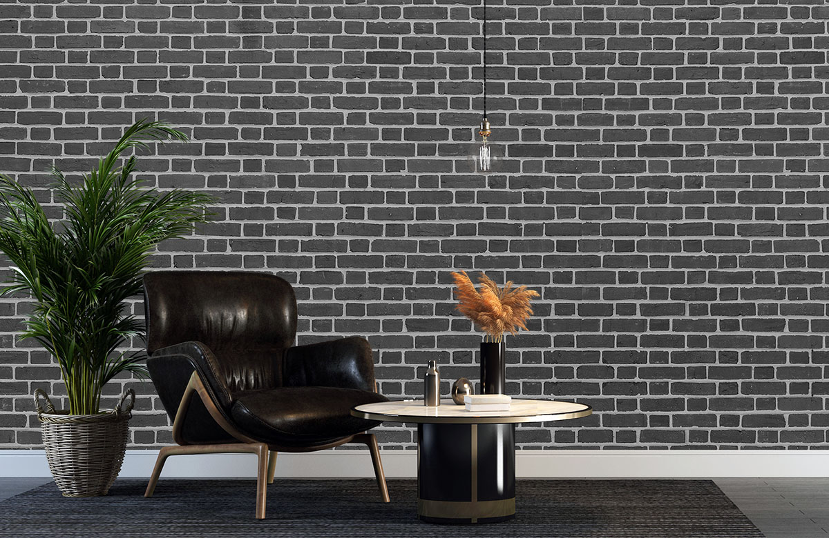 grey-brick-design-Singular design large mural-with-chair