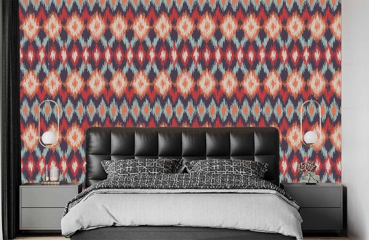 multi-colour-ethnic-ikat-pattern-wallpapers-in-front-of-bed