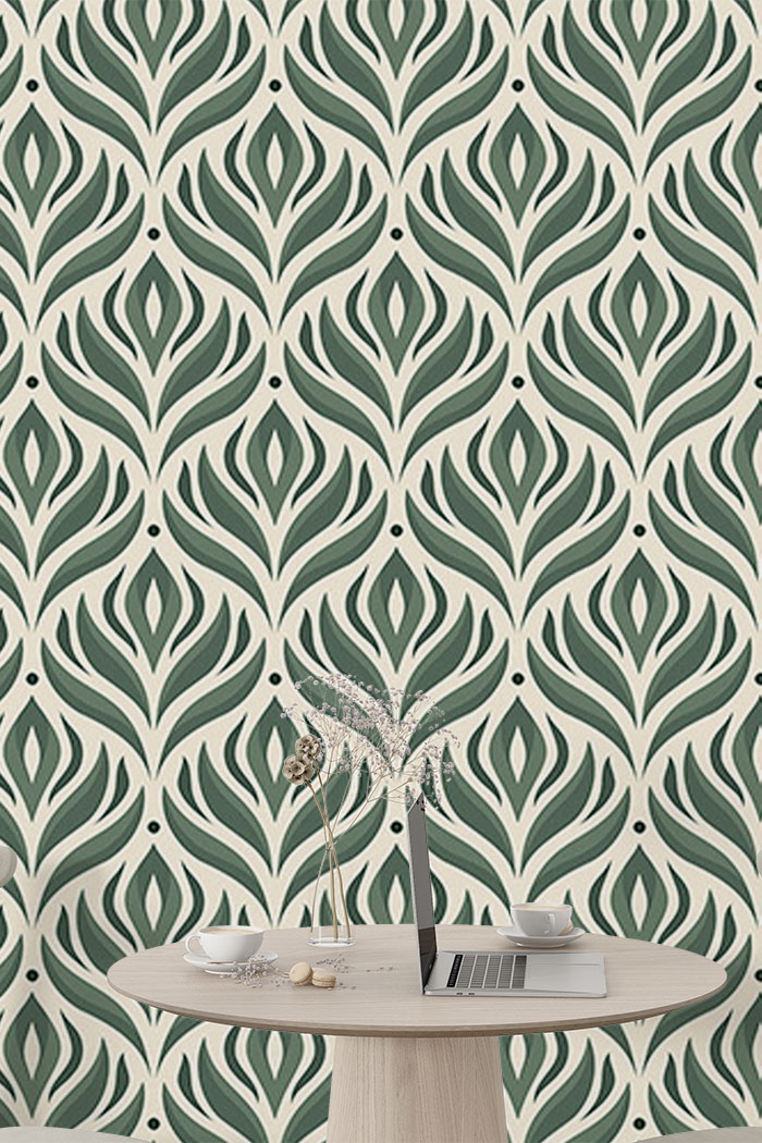 green-flower-Seamless design repeat pattern wallpaper-with-side-table