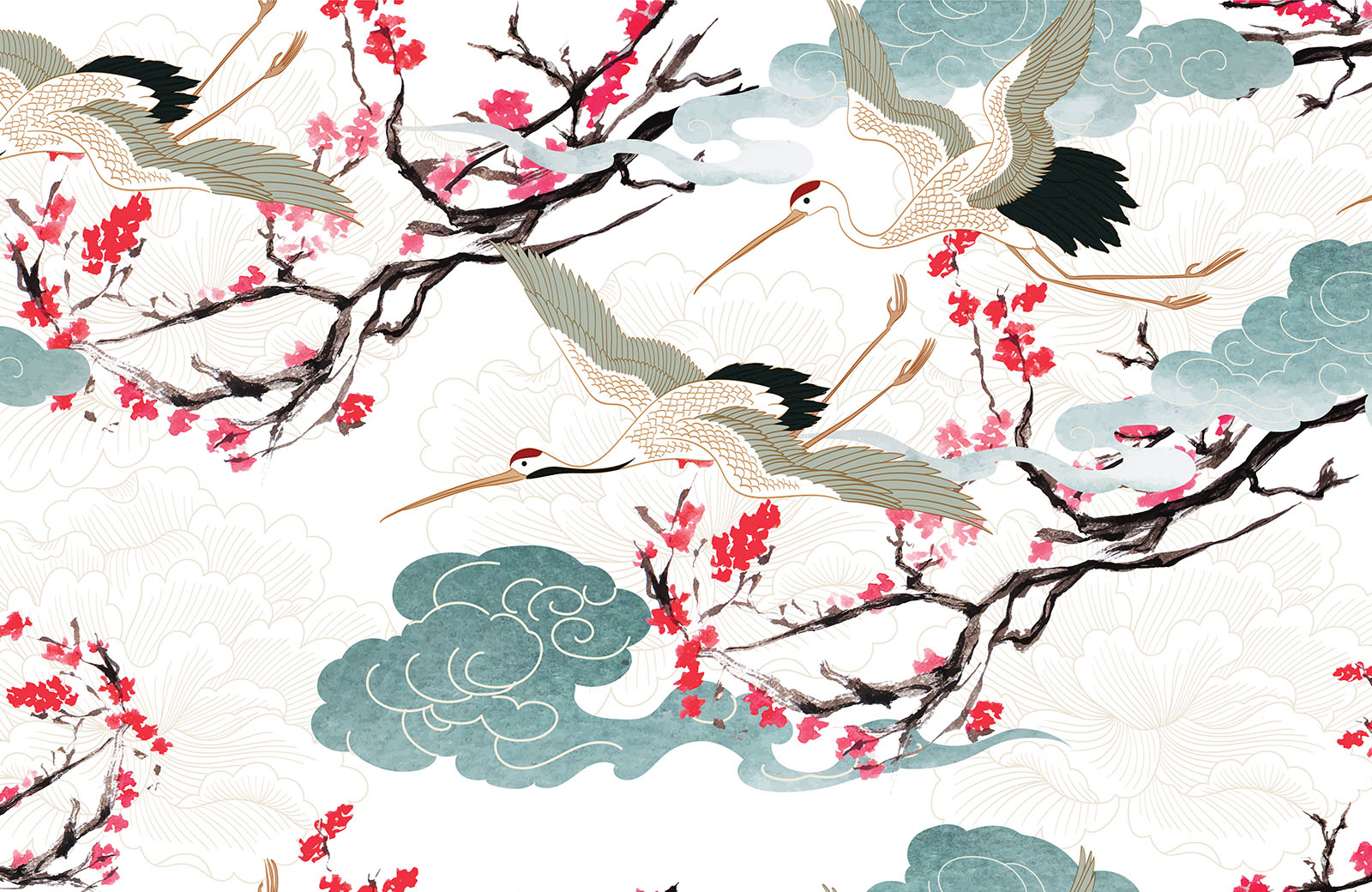 cranes-flying-in-clouds-and-red-blossom-wallpaper-wallpaper-design