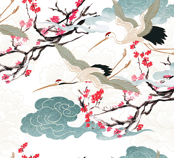 cranes-flying-in-clouds-and-red-blossom-wallpaper-wallpaper-thumb