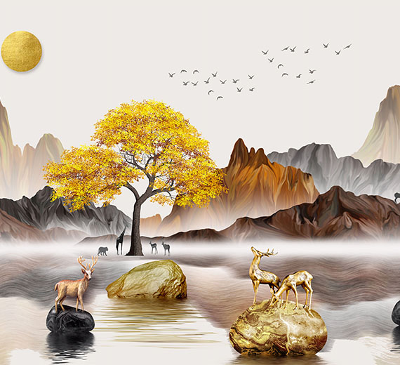 tree-mountains-and-deers-in-lake-thumb-view