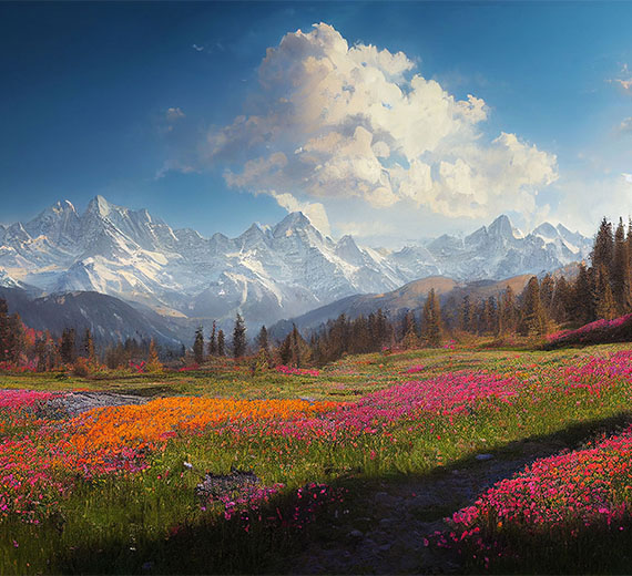 scenic-flower-land-and-snowy-mountain-thumb-view