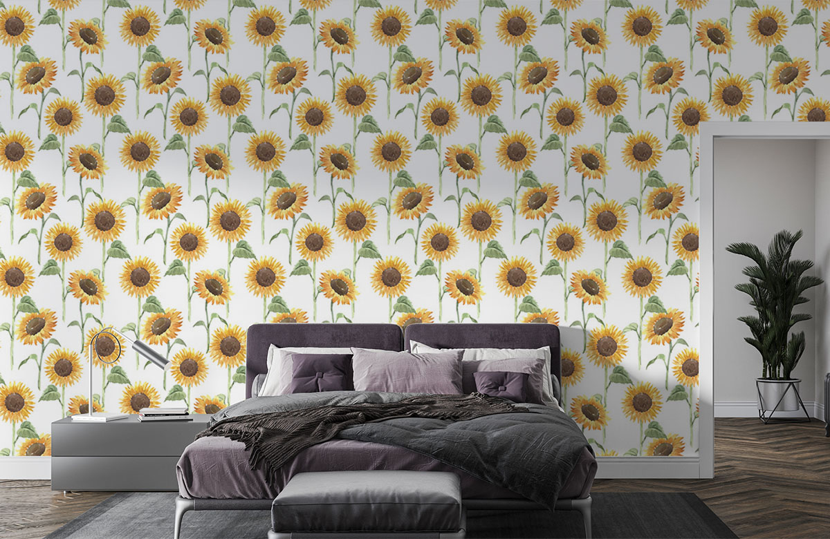 sunflower-with-leaf-in-watercolour-design-wallpapers-in-front-of-bed