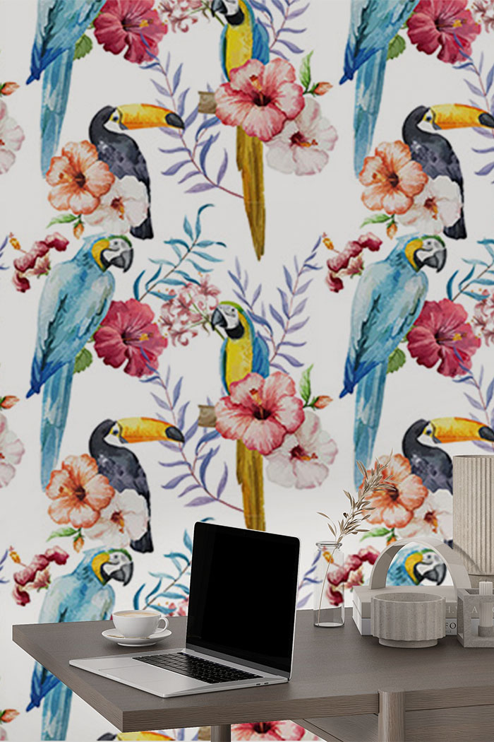 white-birds-Seamless design repeat pattern wallpaper-with-side-table
