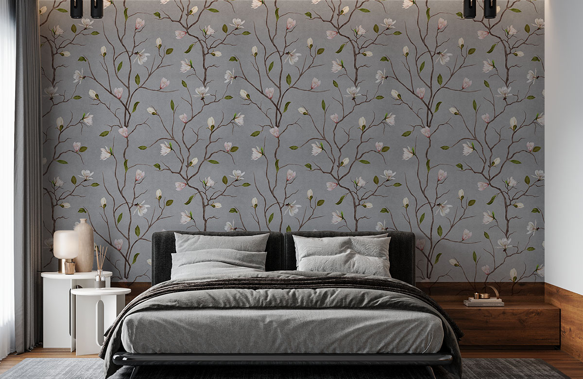 grey-chinoiserie-magnolia-on-plant-with-leaves-wallpapers-in-front-of-bed