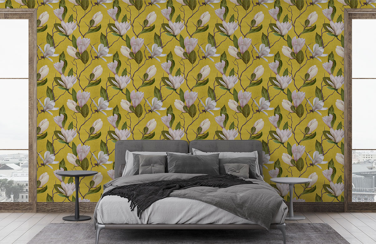 mustard-yellow-magnolia-on-plant-with-leaves-wallpapers-in-front-of-bed