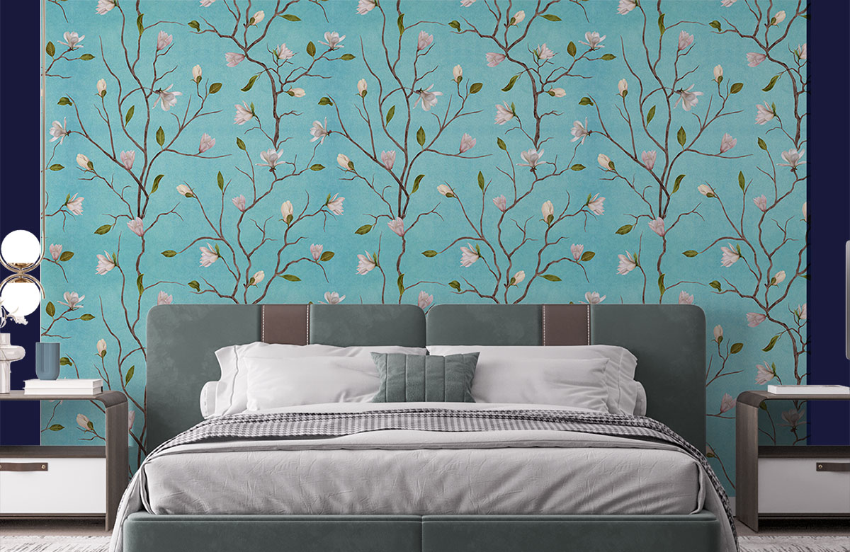 blue-chinoiserie-magnolia-on-plant-with-leaves-wallpapers-in-front-of-bed