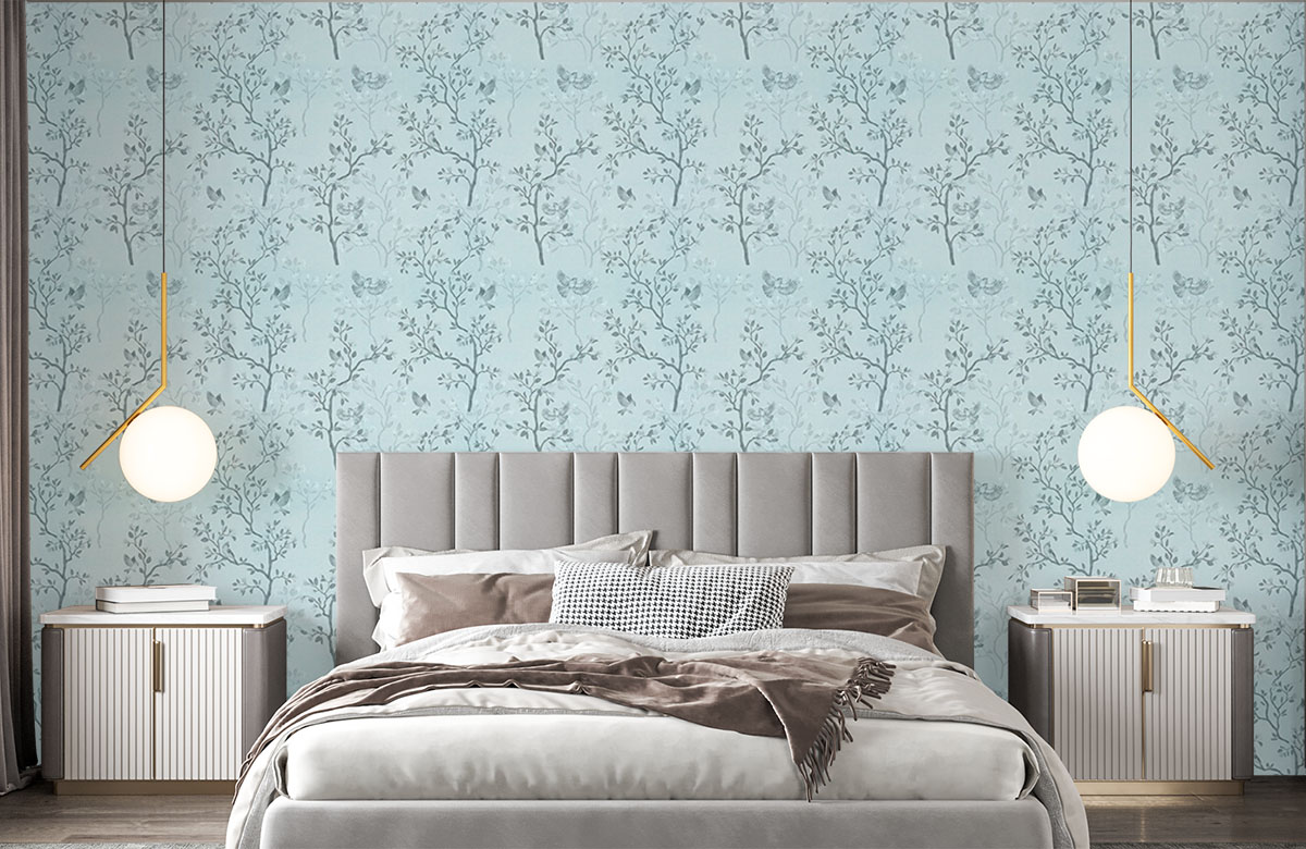 magnolia-tree-pattern-in-blue-wallpapers-in-front-of-bed