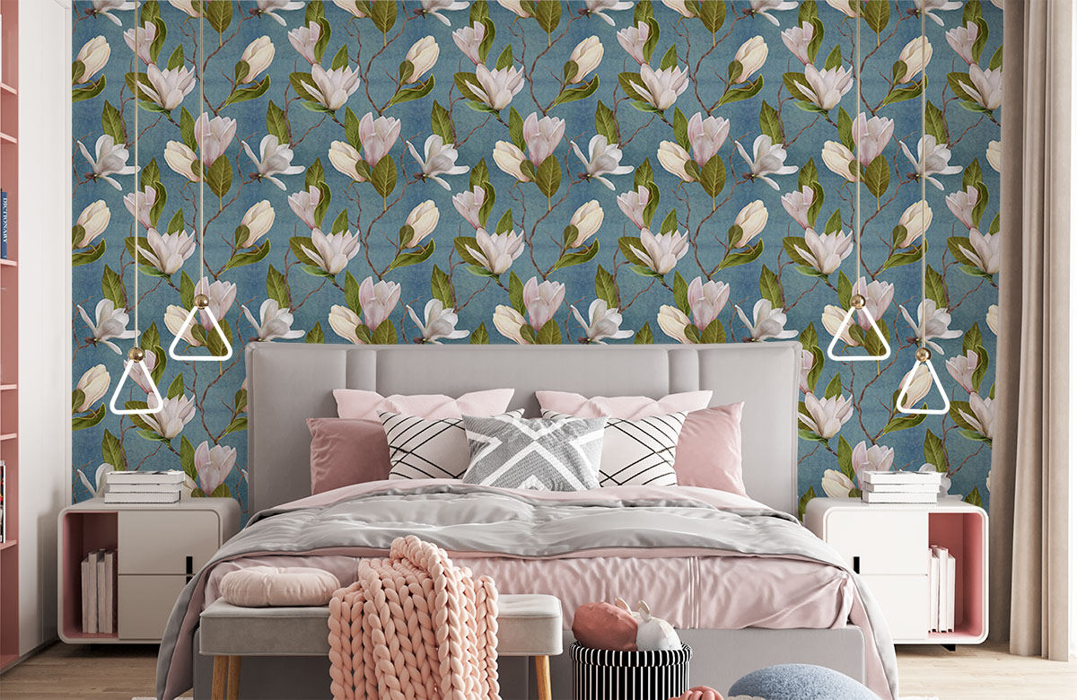 vintage-magnolia-on-plant-with-leaves-wallpapers-in-front-of-bed