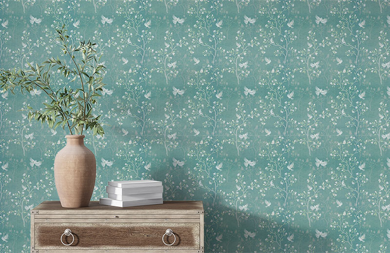 magnolia-tree-pattern-wallpaper-with-side-table