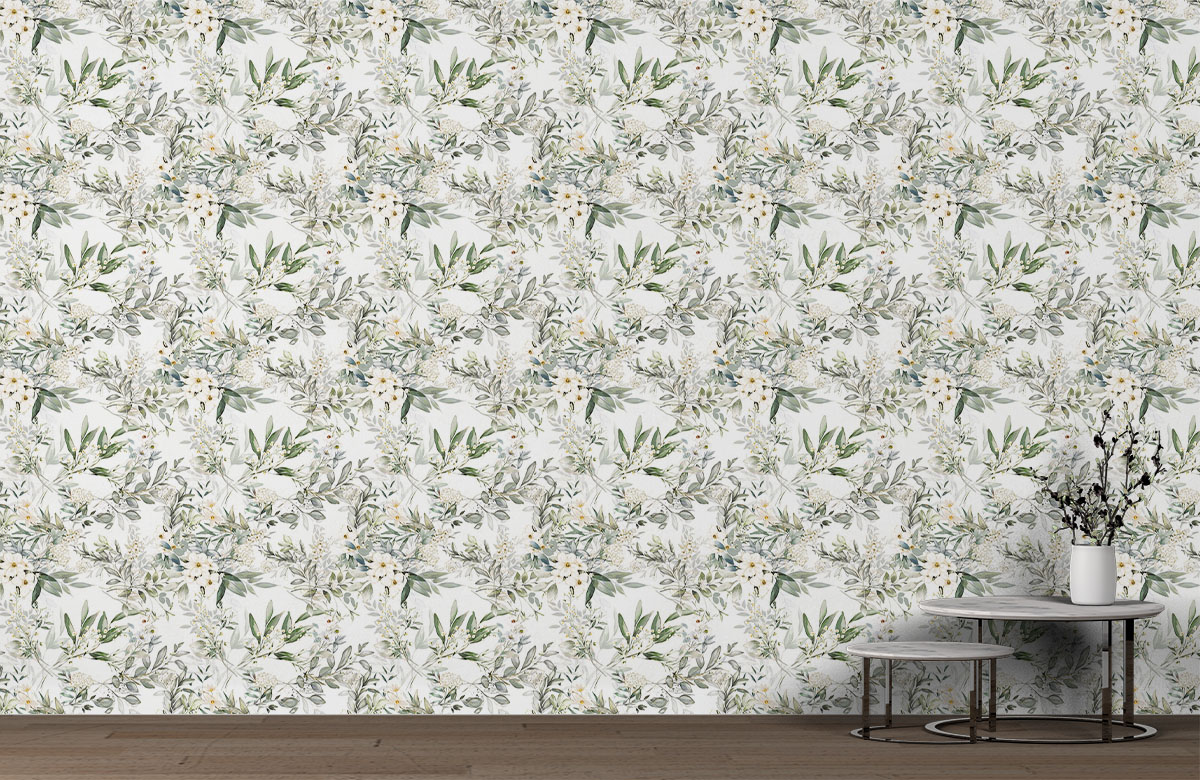 green-leaves-white-flowers-bunch-wallpaper-on-large-wall