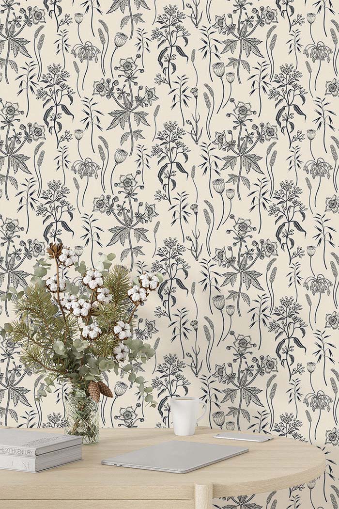 cream-floral-leaves-poppy-bud-sketch-wallpaper-detailed