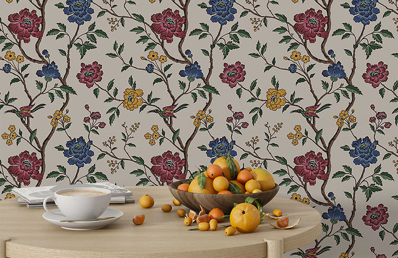 multicolored-peony-flowers-in-vine-wallpaper-with-side-table