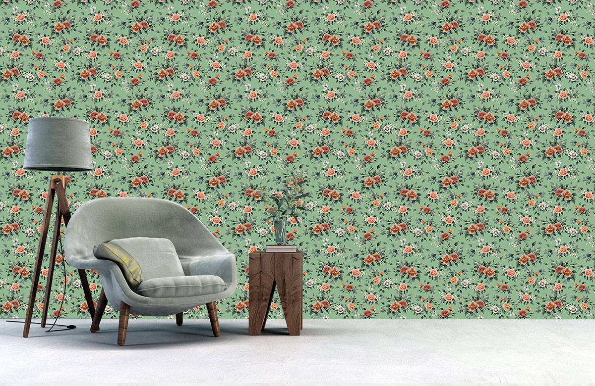 green -rose-design-Singular design large mural-with-chair