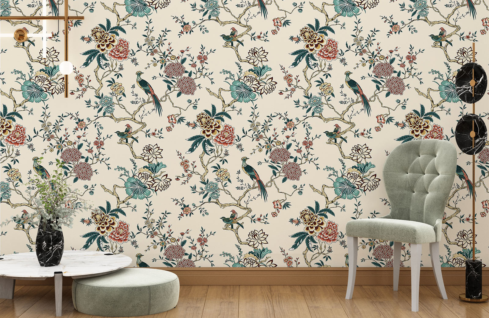 chinoiserie-pattern-with-birds-and-flowers-wallpaper-with-chair