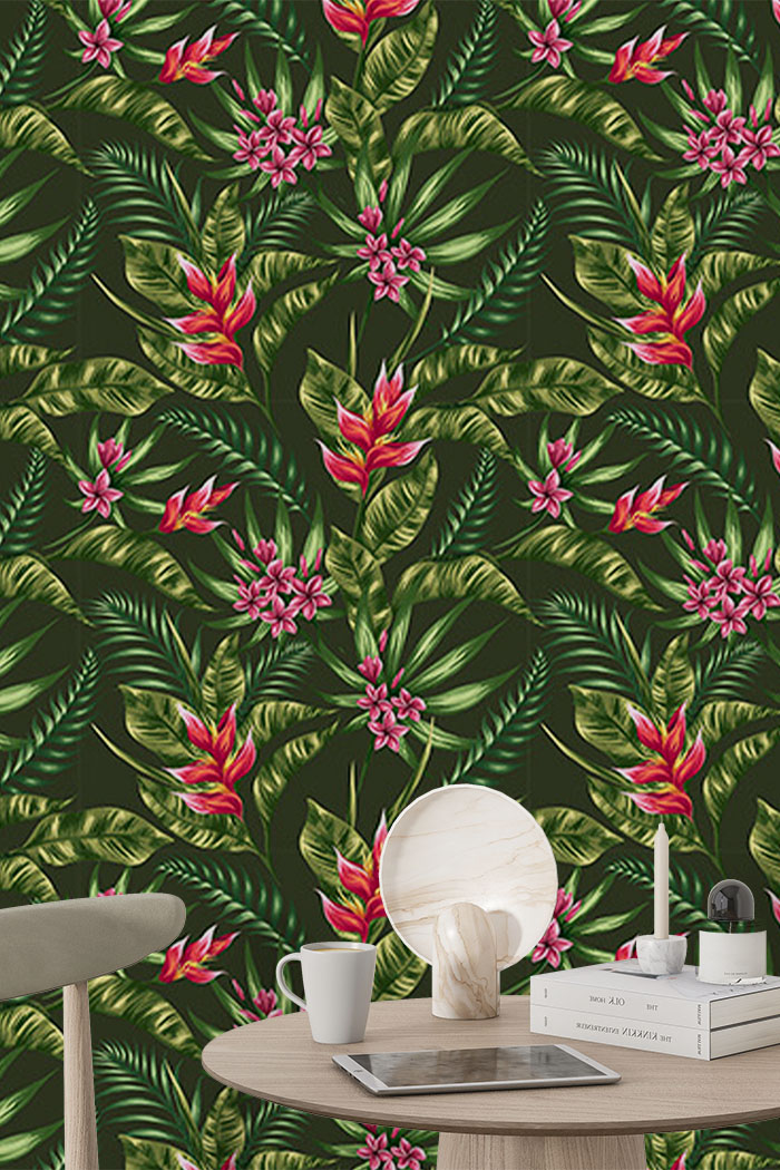 green-leaves-Seamless design repeat pattern wallpaper-with-side-table